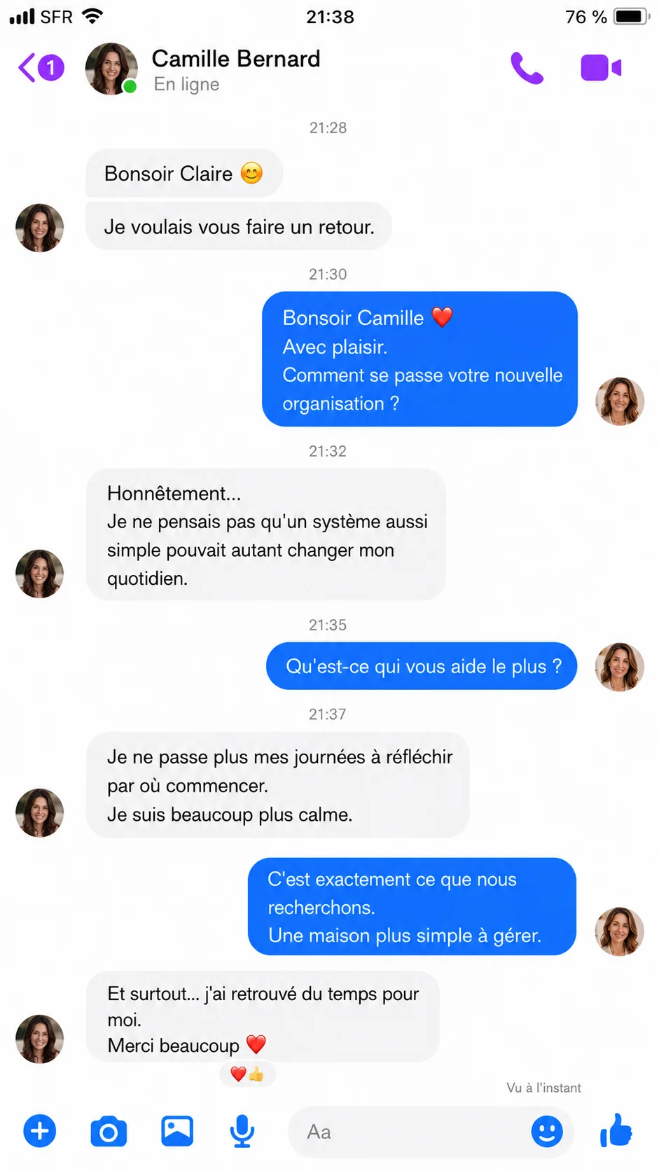 Témoignage d'une cliente sur Messenger — 2