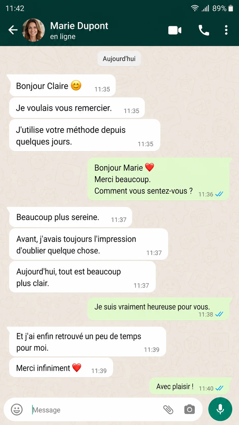 Témoignage d'une cliente sur WhatsApp — 1